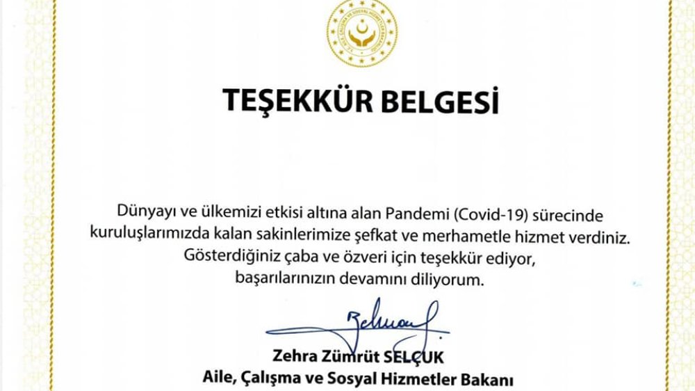 Sn. Zehra Zümrüt SELÇUK'tan Merkezimize "Teşekkür Belgesi"